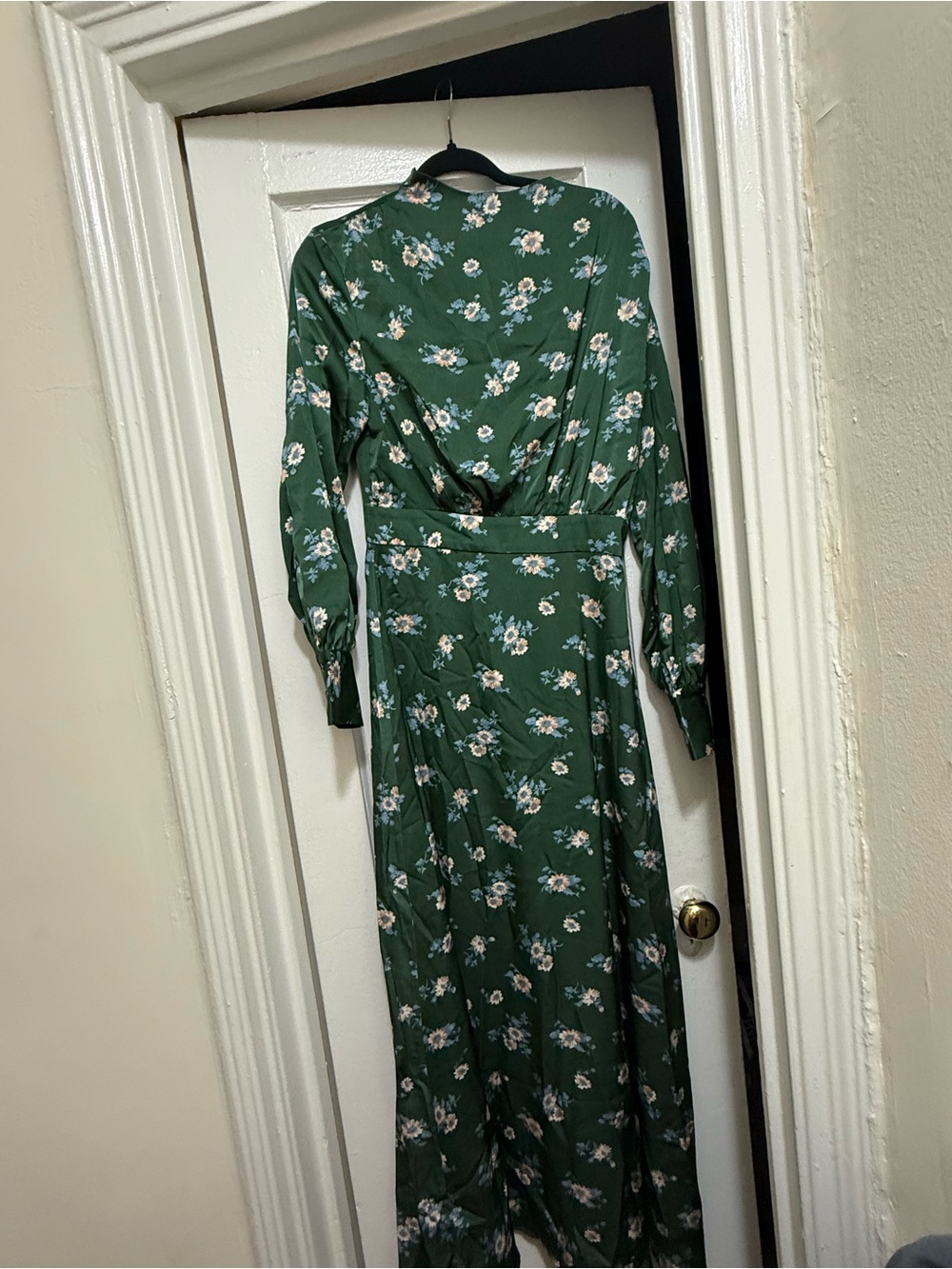 Green Satin Floral Long Sleeve Maxi Dress